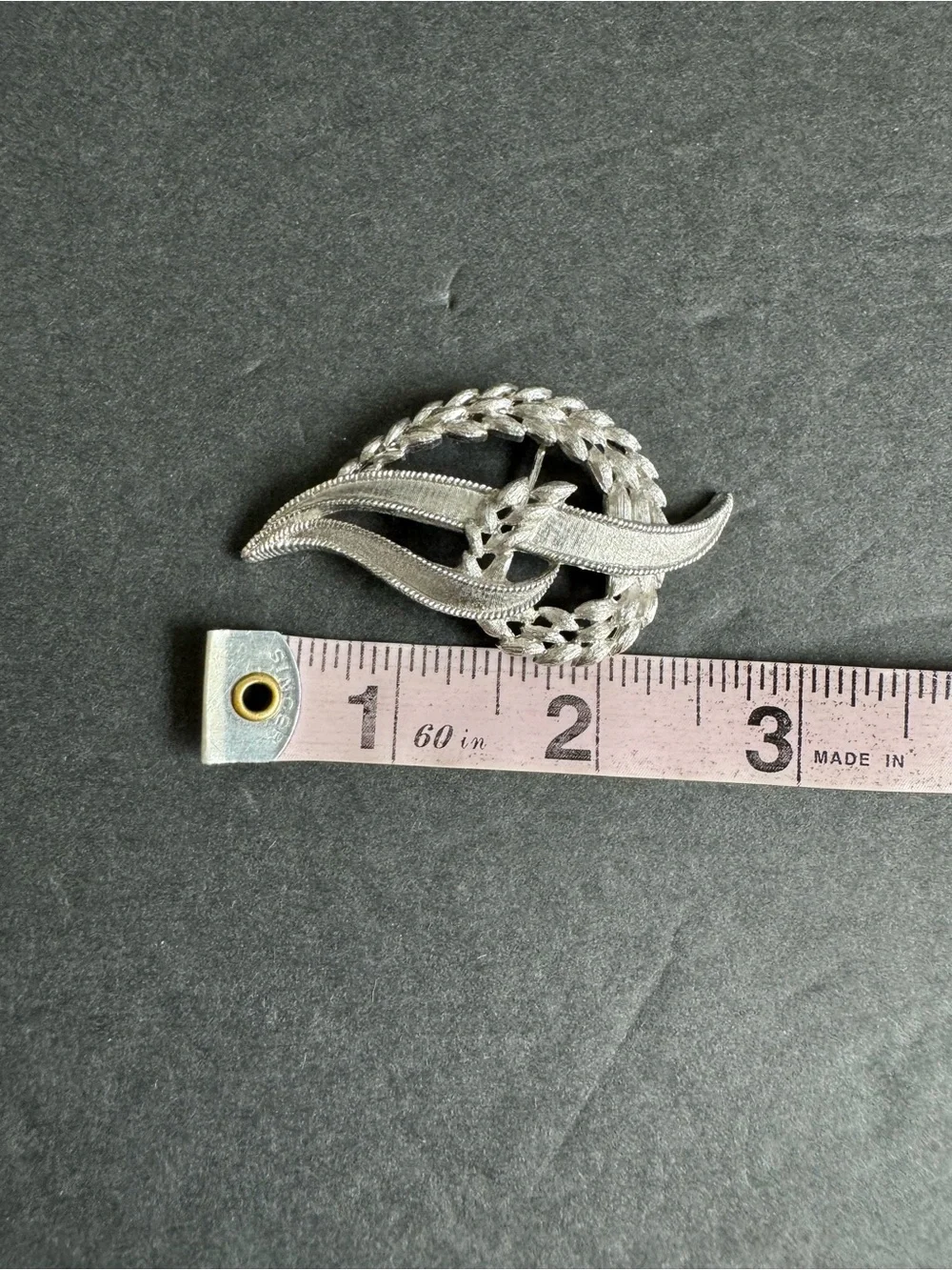 Vintage Trifari Brooch Brushed Silver Pin Wheat Leaf Crest Grandma Jewelry Retro